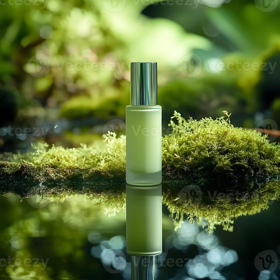Mock up for cosmetics bottle on green moss nature background. Glass bottle. Eco concept. photo