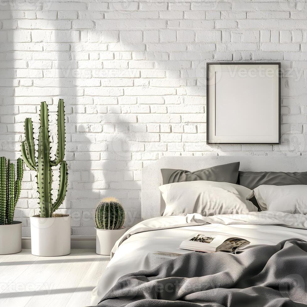 Mock-up for white living room. Interior of a bedroom with cactus in pots. Eco lifestyle. photo