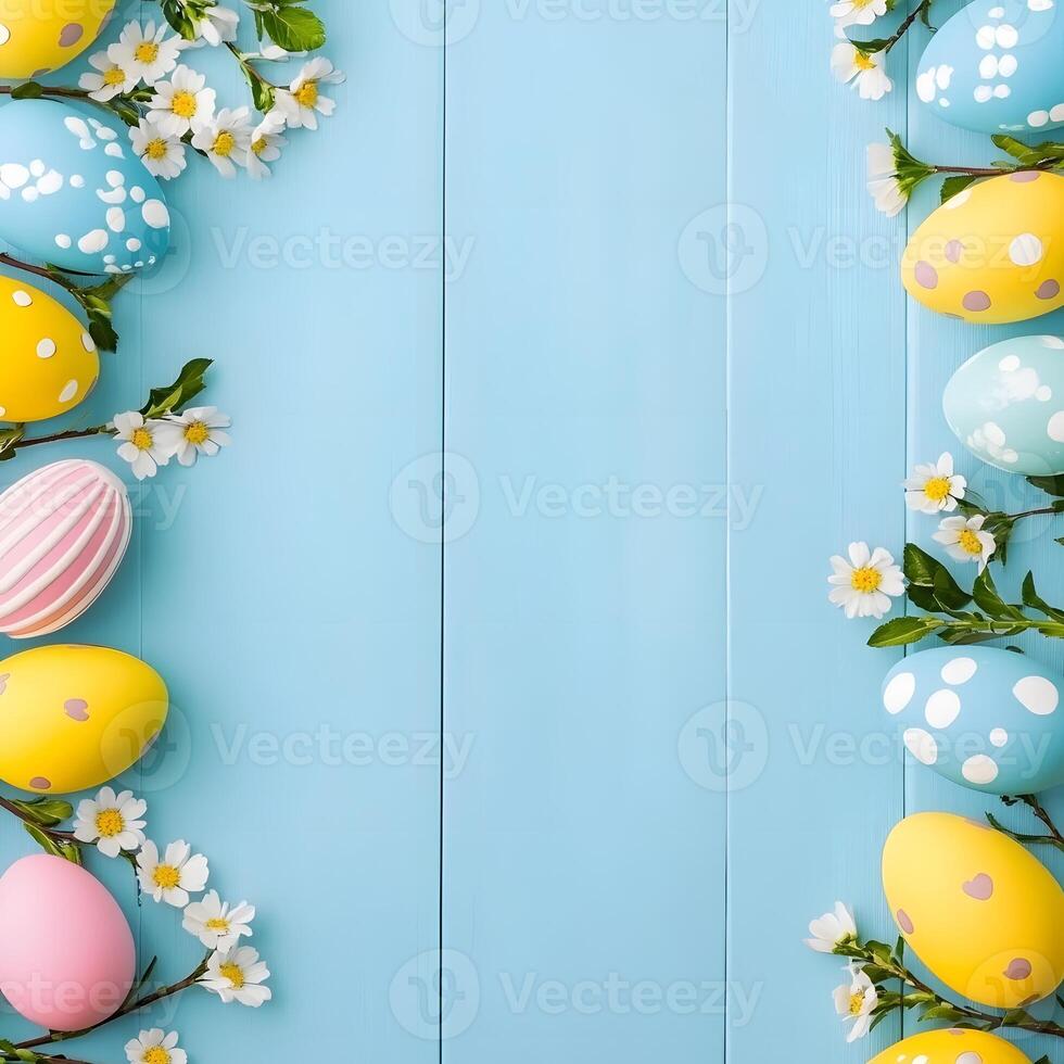 Colored Easter eggs on wooden blue background with spring flowers with copy space. photo