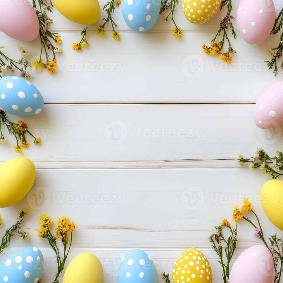 Colored Easter eggs on wooden white background with spring flowers with copy space. photo