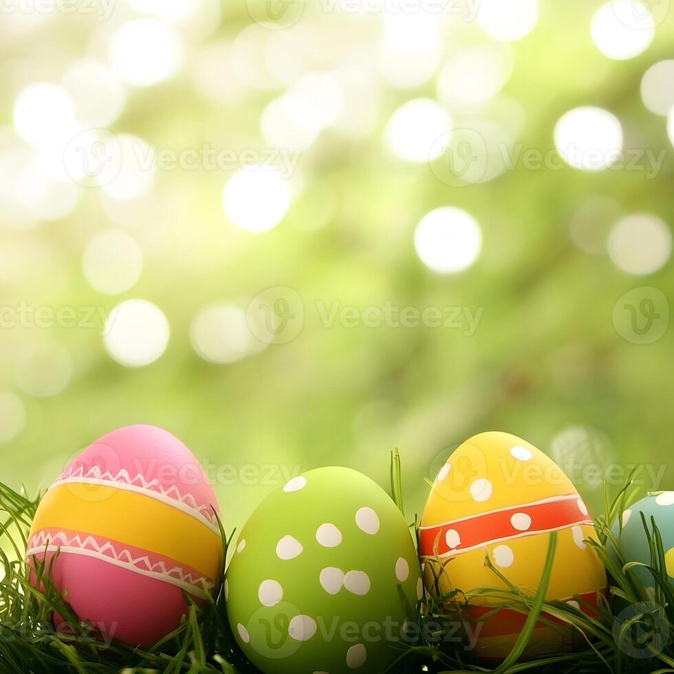 Easter colored eggs in grass. Easter abstract background with blurred background and copy space. photo