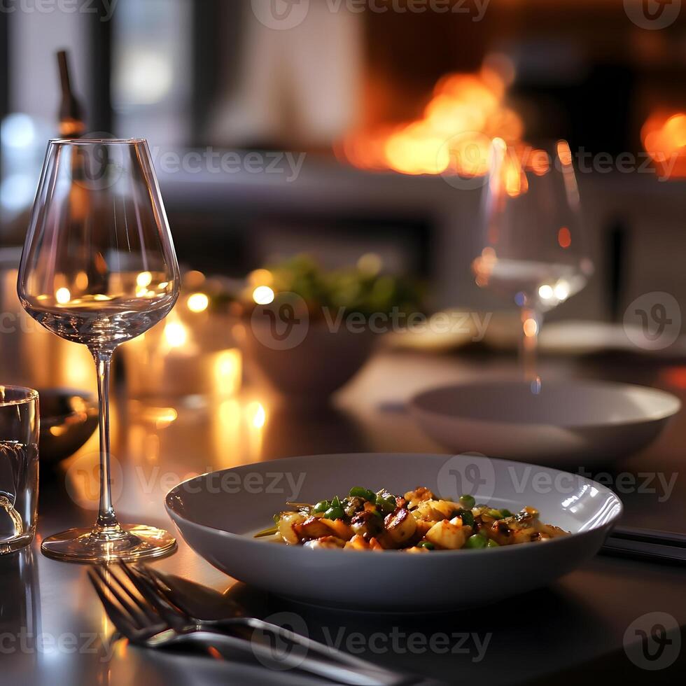 The dinner table is served in a restaurant with a glass of wine. Selective focus. Dark mood photo