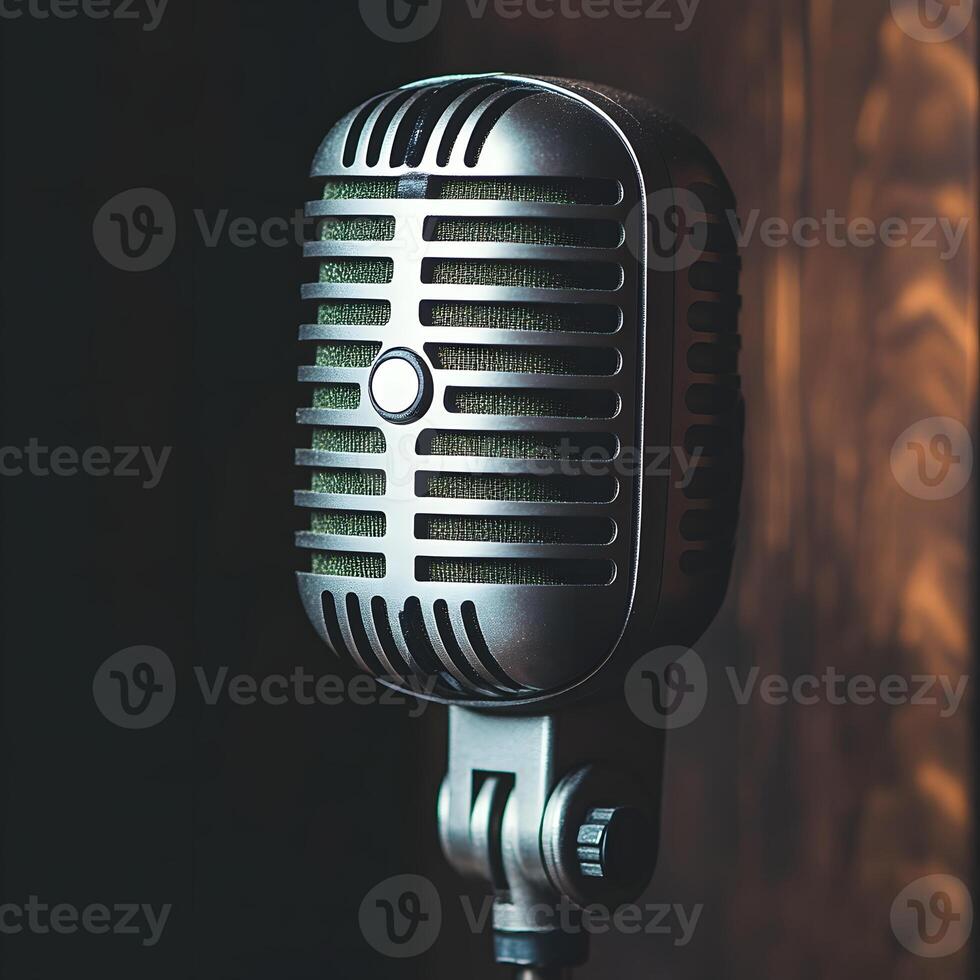 Retro microphone on dark background. The concept of singing. Retro microphone on a stand in a recording studio, close-up. photo