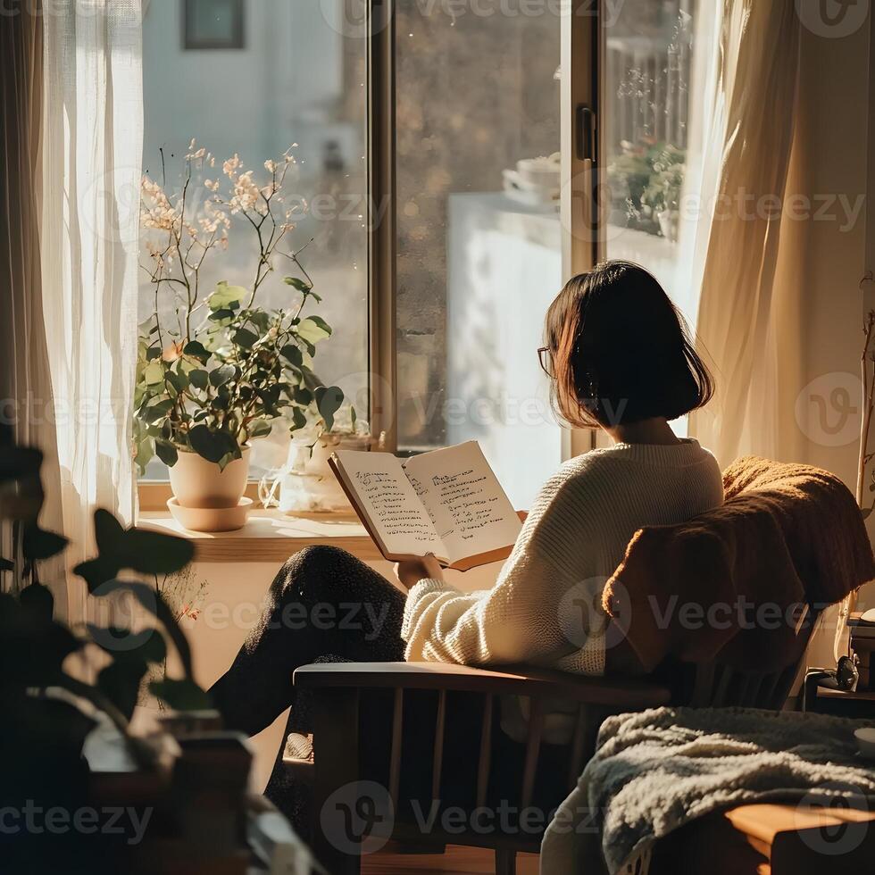 Young faceless woman reading a book in the living room, sitting by the window at home. Slow living concept. Menthal health concept. photo