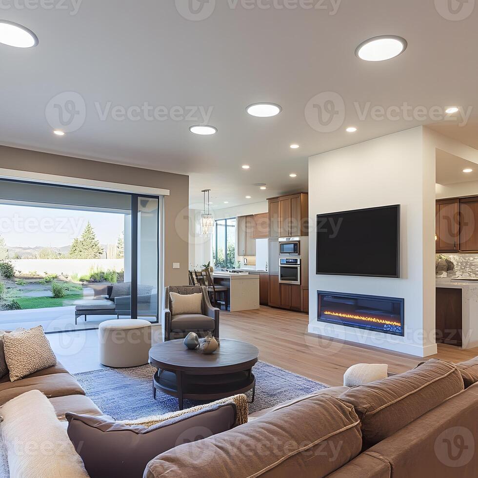 Modern cozy home. Smart home and modern living room. House with smart home icon. Smart house concept. Smart home concept. photo