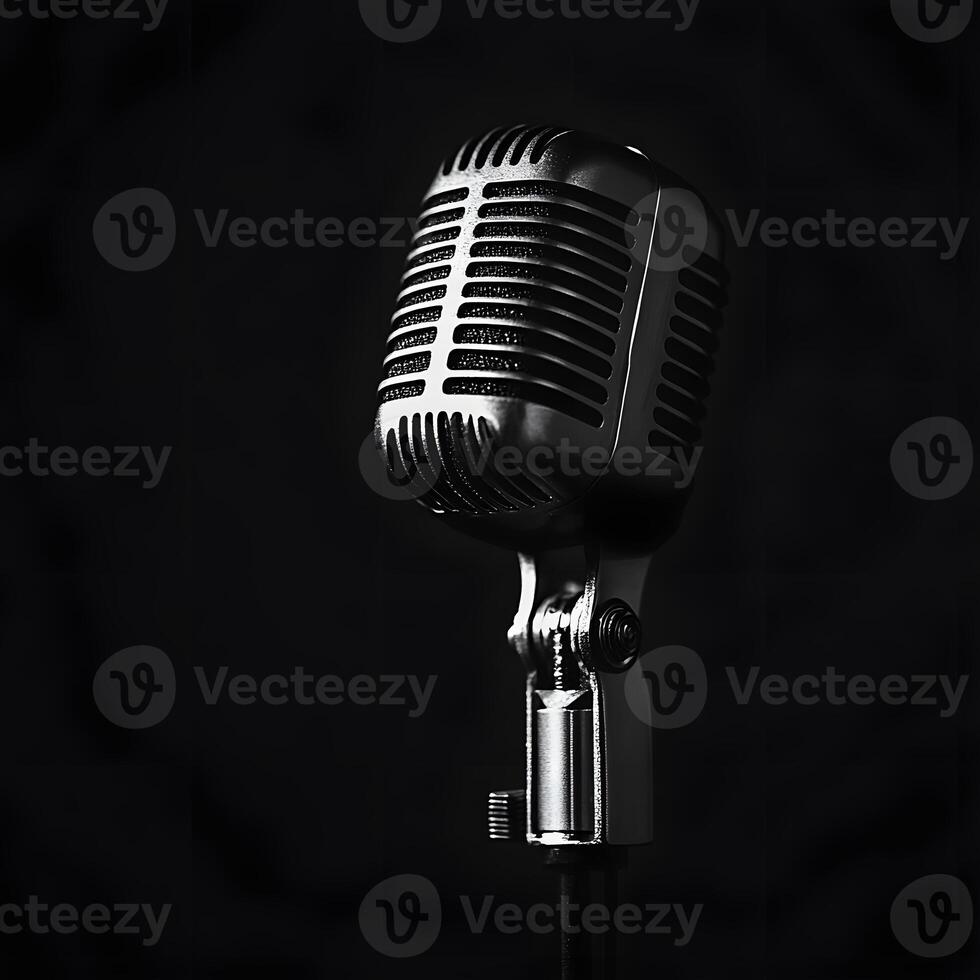 Retro black microphone on a dark background. The concept of singing. Retro microphone on a stand in a recording studio, close-up. photo