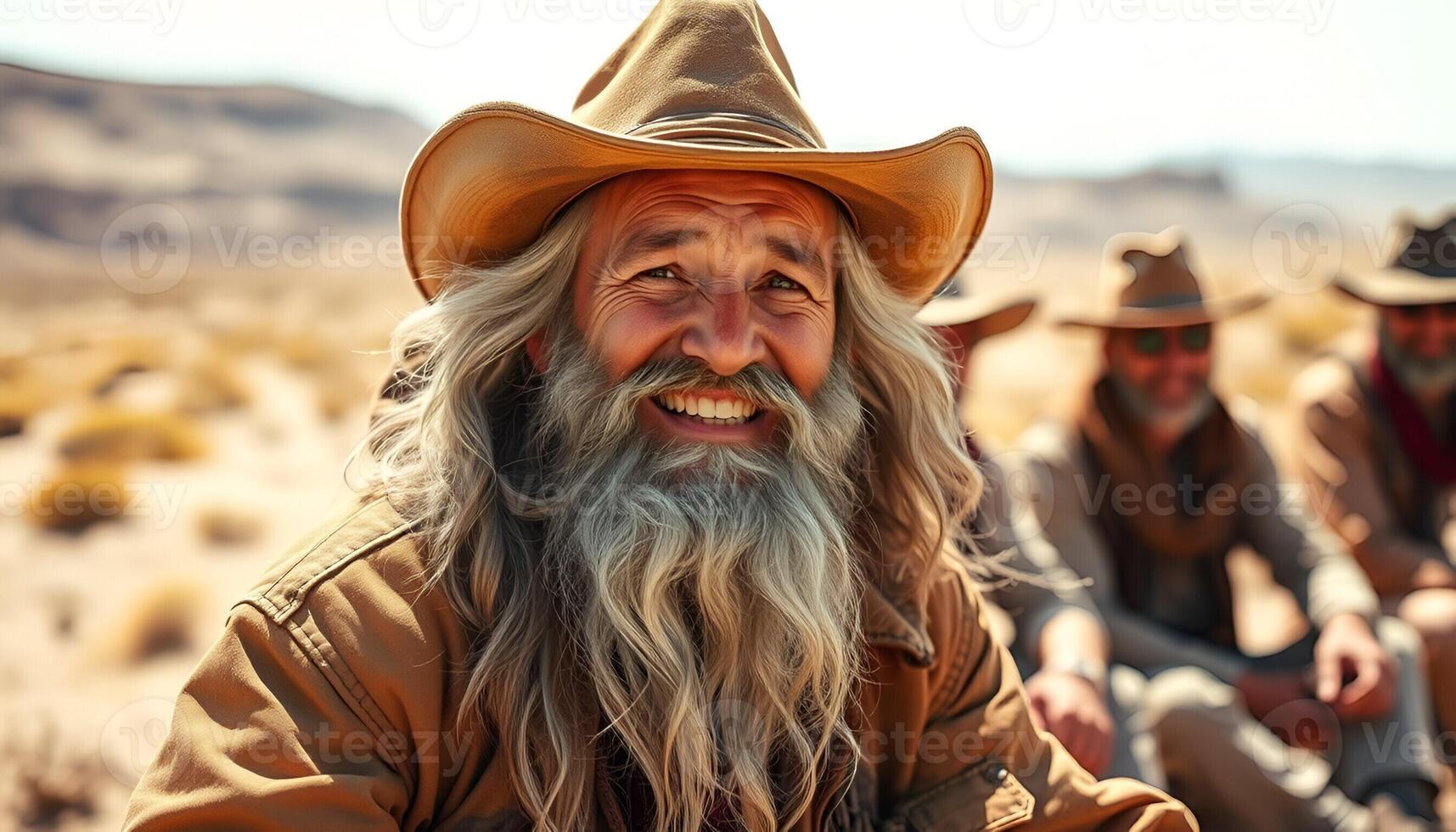 A man with a long beard and hat sitting in the desert photo