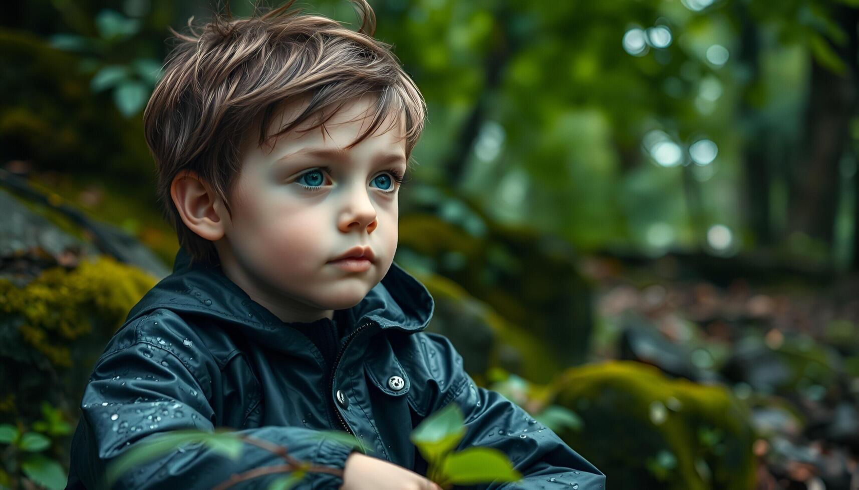 A young boy in a rain jacket sitting in the woods photo