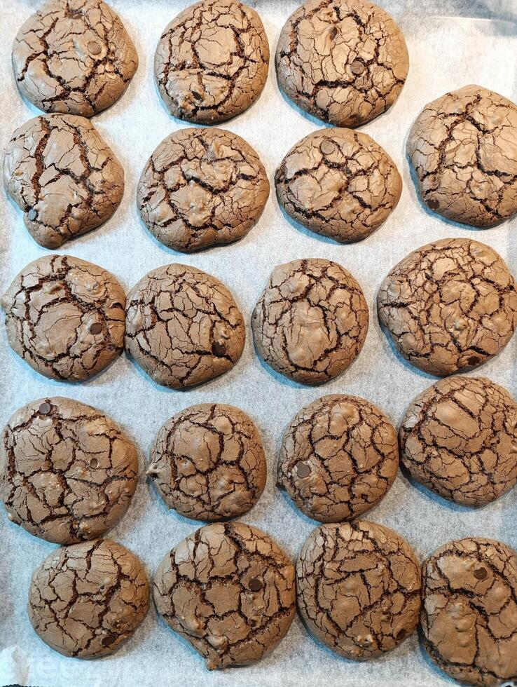Chocolate chip cookies on white background. Crackled Chocolate Cookies photo