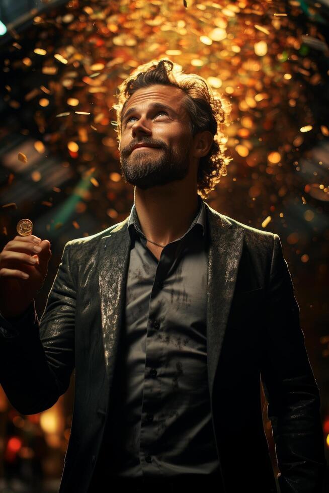 A man in a suit is standing in front of confetti photo