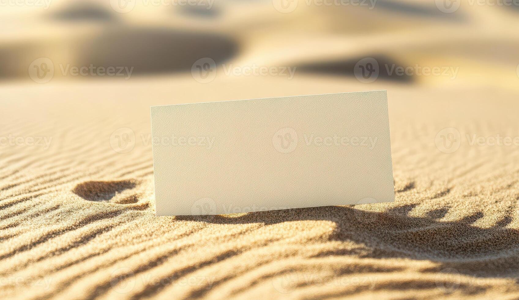 Photo of a blank business card mockup on sand, representing the desert environment.