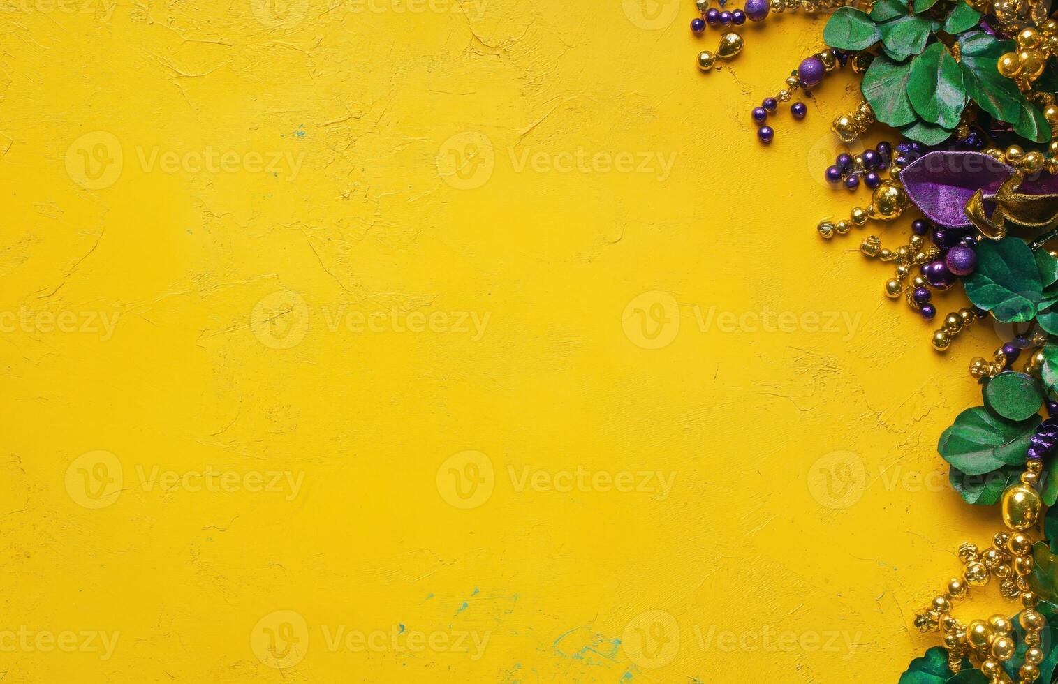 Mardi Gras background with beads and mask on yellow surface, copy space for text. photo