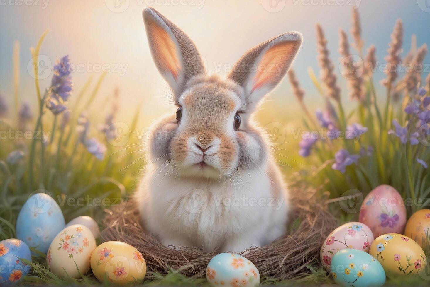 Adorable bunny nestled in a nest with colorful Easter eggs and springtime greenery photo