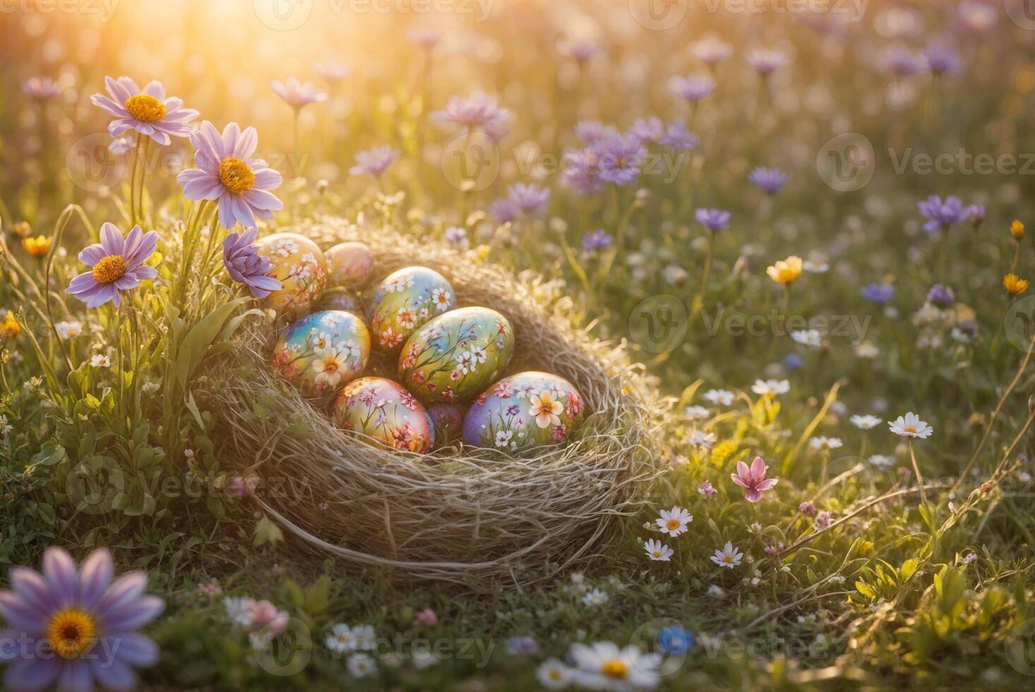Celebrate the Easter season with this vibrant image of beautifully painted eggs, symbolizing rebirth and the resurrection of Jesus photo