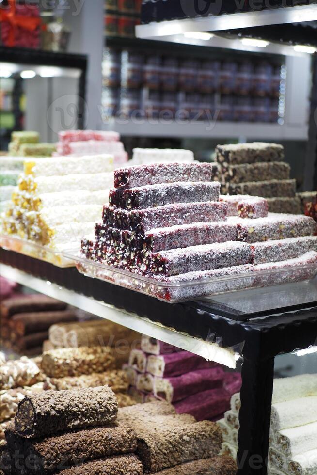 Colorful array of confectionery displayed in a shop photo