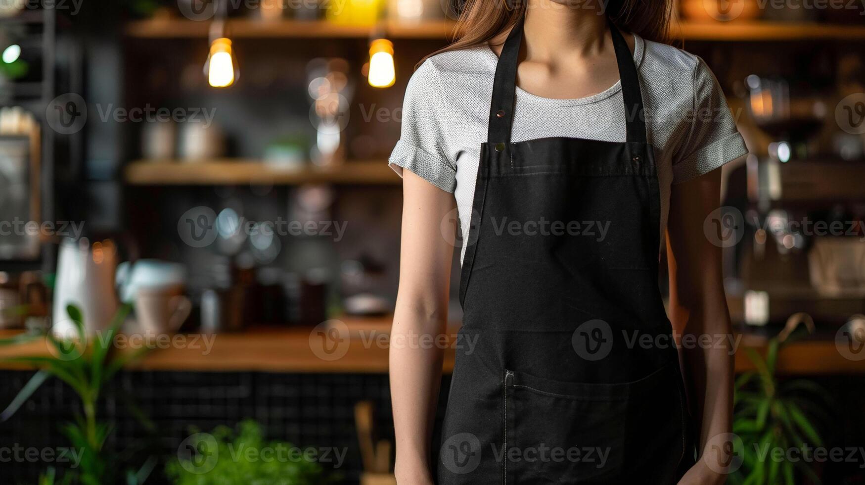 Woman in apron. Copy space in white uniform. Waiter wearing black mockup wear for brand or label. Kitchen or restaurant worker with copyspace apron photo