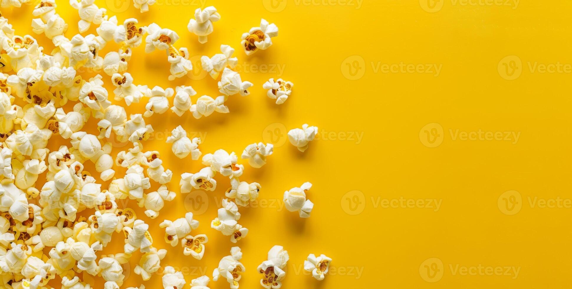 Popcorn on yellow background with copyspace for text. Tasty movie classic snack. Cinema food mockup. Pop corn banner with copy space photo