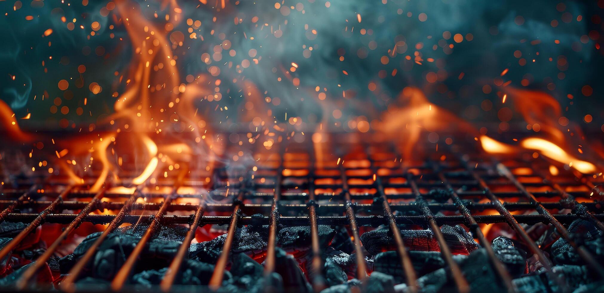 Bbq grilling banner. Flame on grill with copyspace. Empty barbecue background with fire and smoke. Cookout campfire wallpaper photo