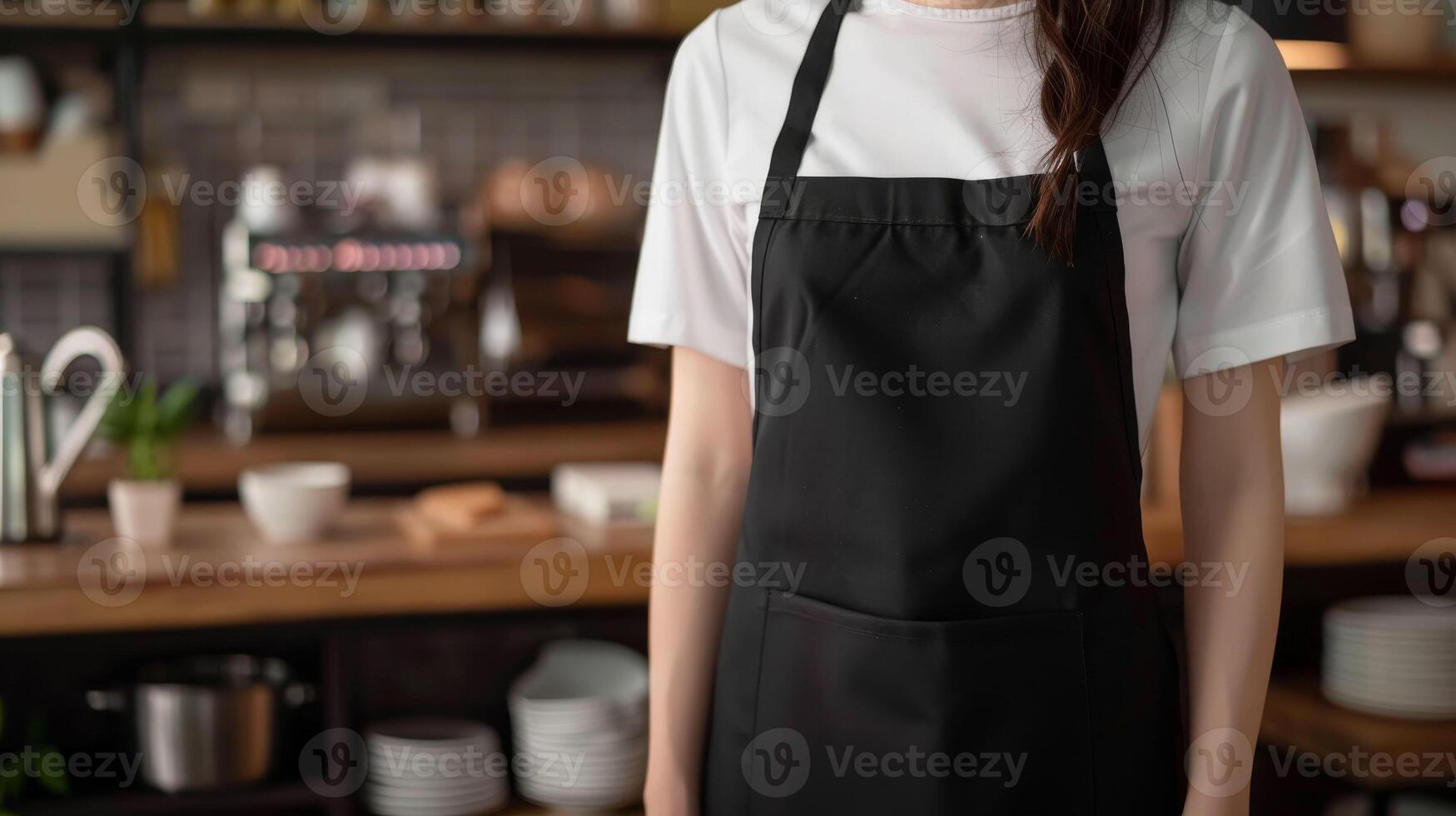 Woman in empty apron. Copy space in black uniform. Kitchen or restaurant worker with copyspace apron. Waiter wearing black mockup wear for brand or label photo