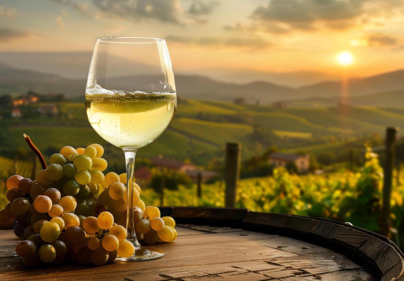 Wine glass on Italy valley landscape. Vine barrel in vineyard countryside. Barrel winery drink photo