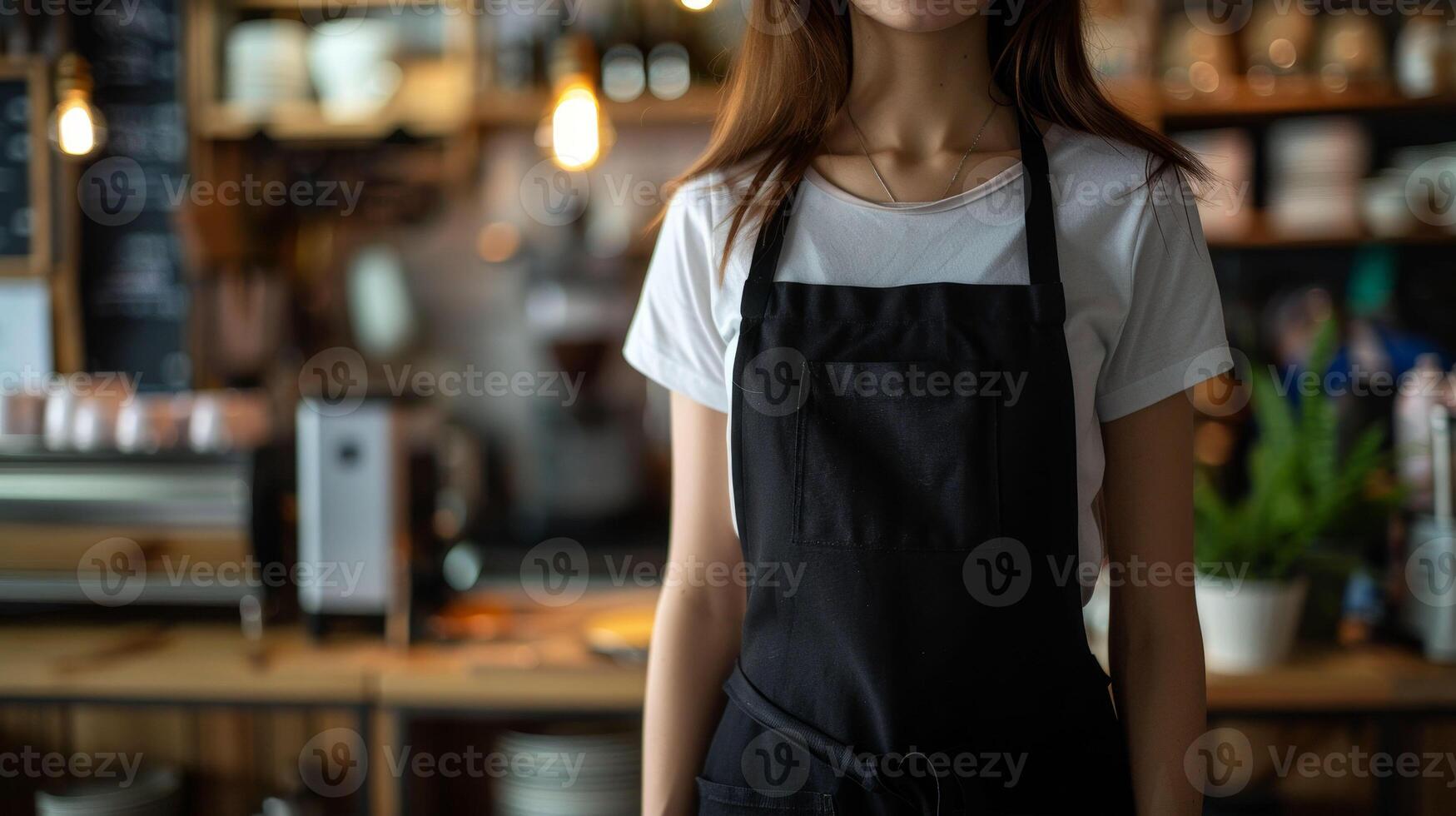 Woman in empty apron. Copy space in black uniform. Kitchen or restaurant worker with copyspace apron. Waiter wearing black mockup wear photo