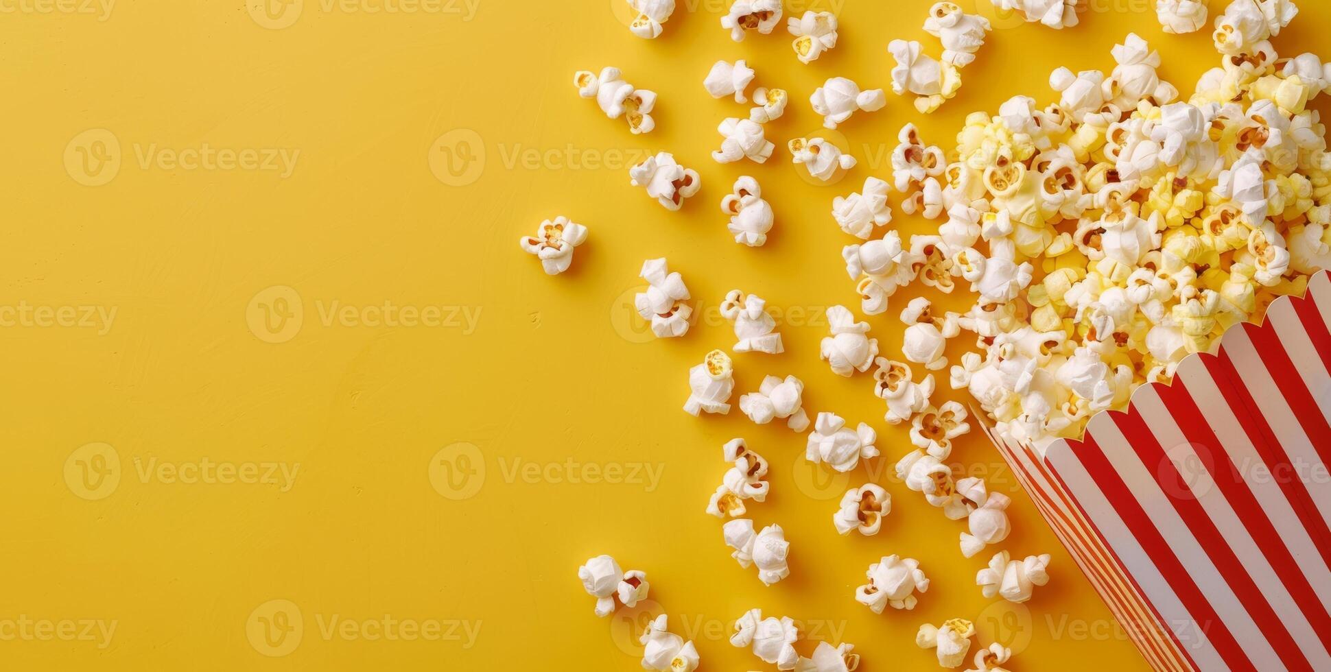 Popcorn on yellow background with copyspace for text. Cinema food mockup. Pop corn banner with copy space. Tasty movie classic snack photo