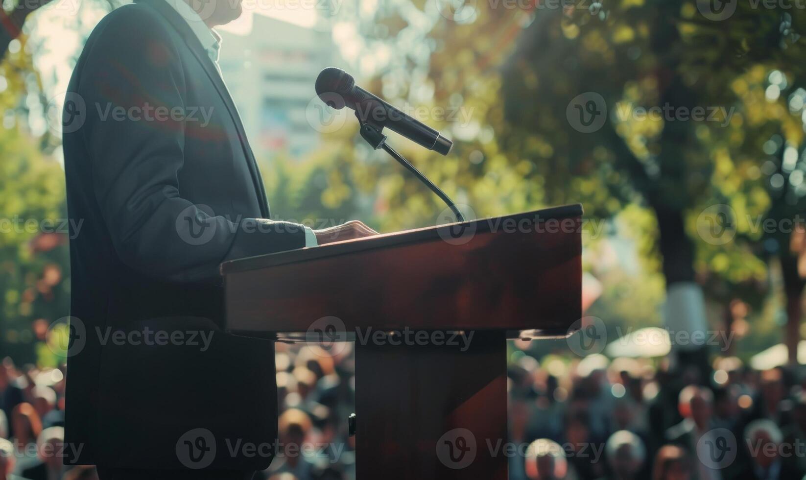 Business seminar and crowd. Businessman with microphone at stage. Politician or director communicate and convention. Leader speech. Male political speaking event photo