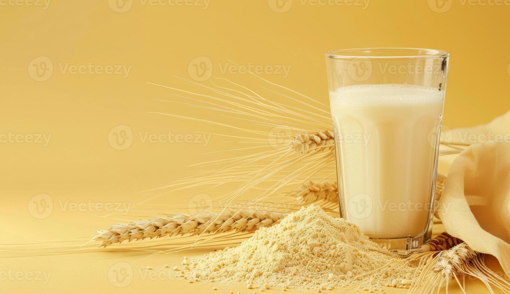 Vegetarian milk with copyspace for banner. oatmeal drink. Glass of oat milk with empty yellow background. Cereal grain and flakes, organic nutrition. Antioxidant food ingredient photo