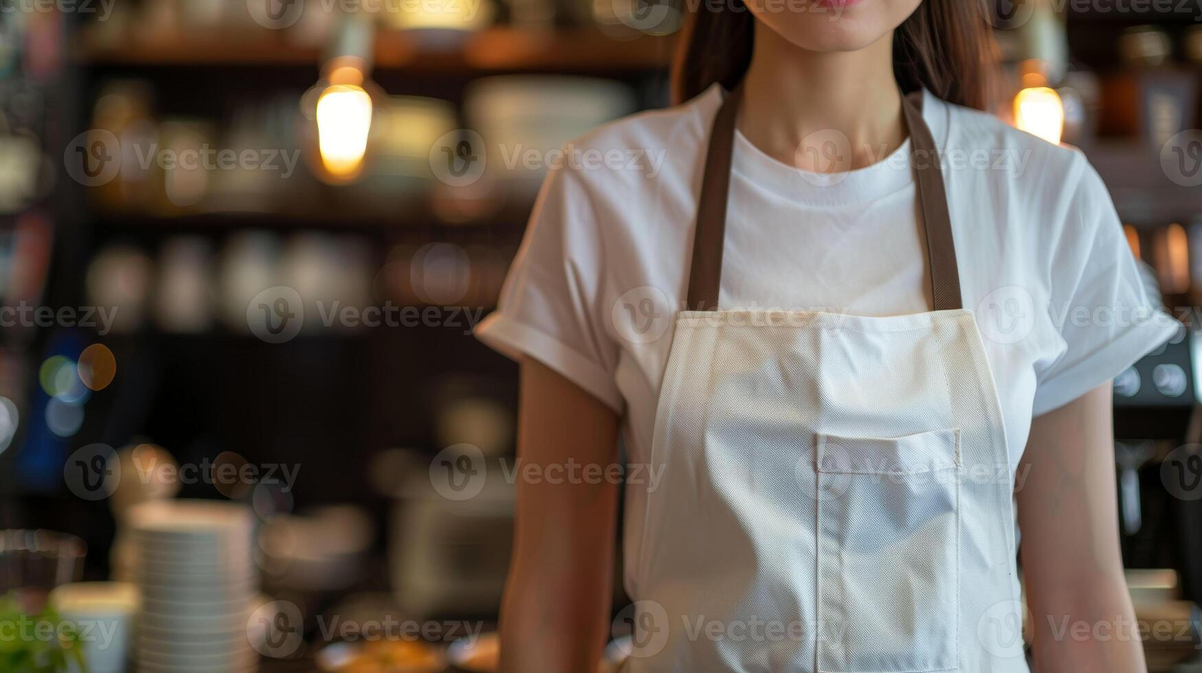 Woman in empty apron. Kitchen or restaurant worker with copyspace apron. Copy space in white uniform. Waiter wearing black mockup wear for brand or label photo