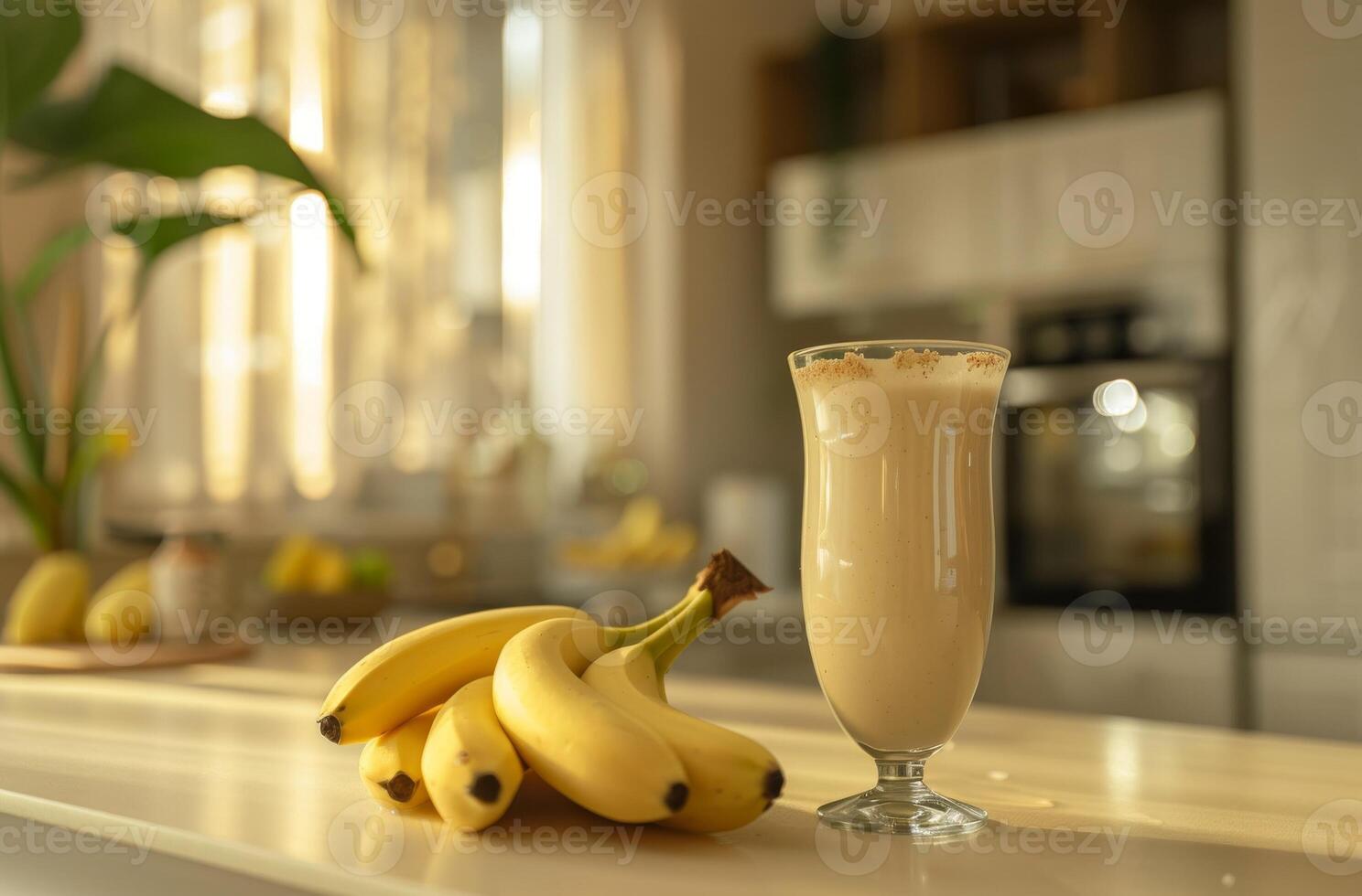 Banana milk in glass. Sweet fruit drink. Fresh smoothie dessert. Healthy cocktail beverage. Homemade banana juice. Natural yogurt milkshake photo