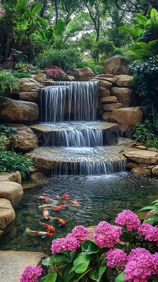 Beautiful waterfall over rocks surrounded by lush greenery and vibrant flowers flowing into a koi pond photo
