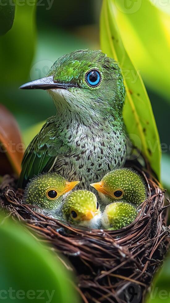 Mother bird with baby birds in nest photo