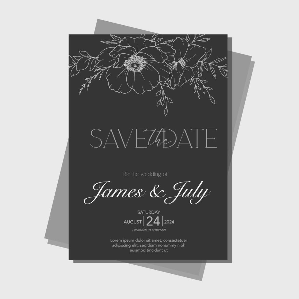 Line Art Spring flowers Wedding Invite, Outline Flowers Minimalist Wedding Design, Spring Wedding invite template vector