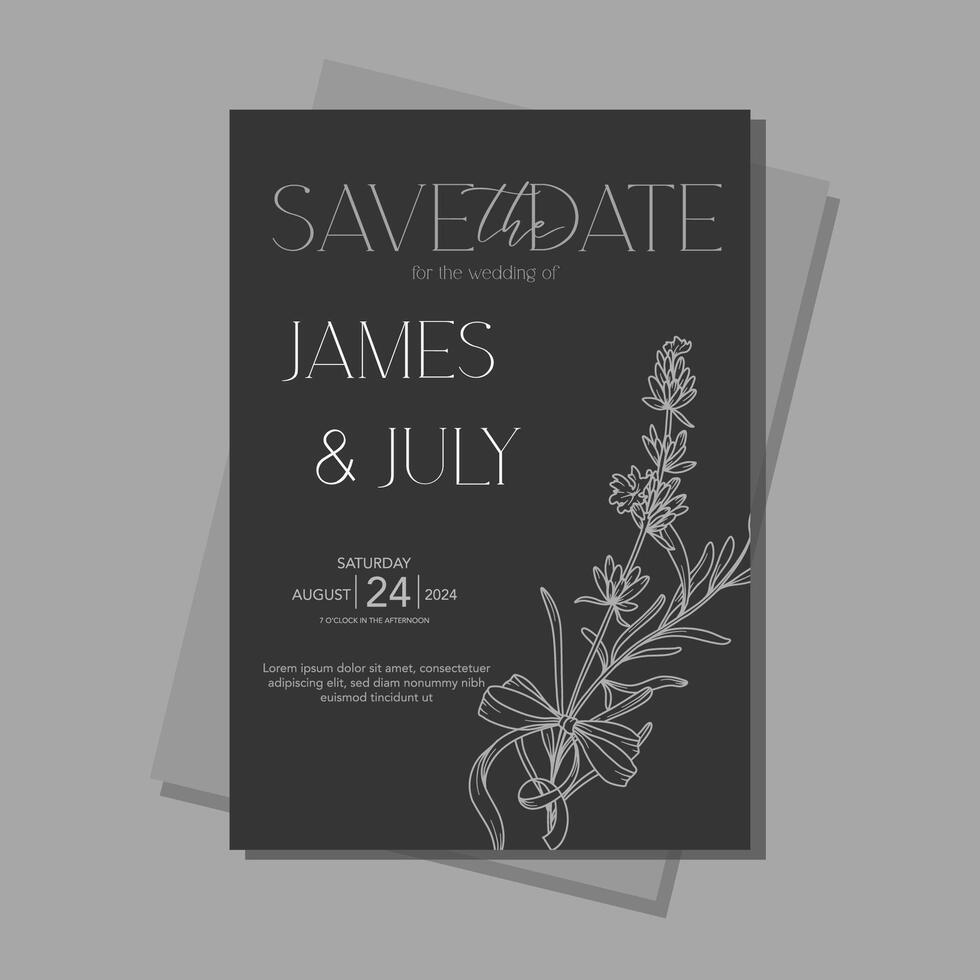Lavender wedding design template. Lavender Wedding Invitation template, Outline Lavender Flowers Minimalist Wedding Design, Summer Wedding invite template vector