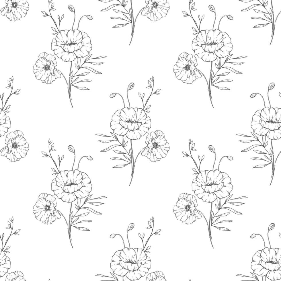 Floral seamless pattern with poppies. Poppy background. Eco friendly background. Poppy flowers and greenery hand drawn line art design. Elegant seamless background endless pattern minimalist style vector