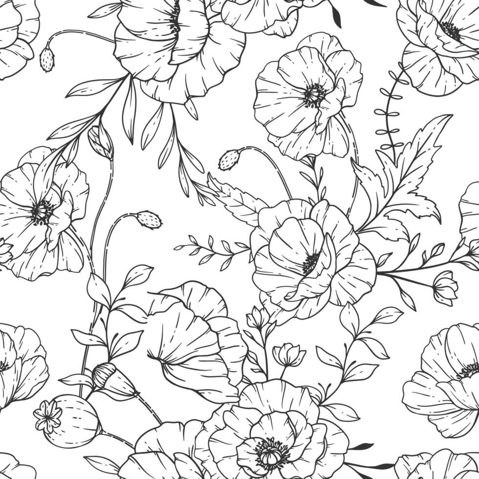 Floral seamless pattern with poppy flower. Poppy background. Eco background. Poppy flowers and greenery hand drawn line art design. Elegant seamless background endless pattern minimalist style vector