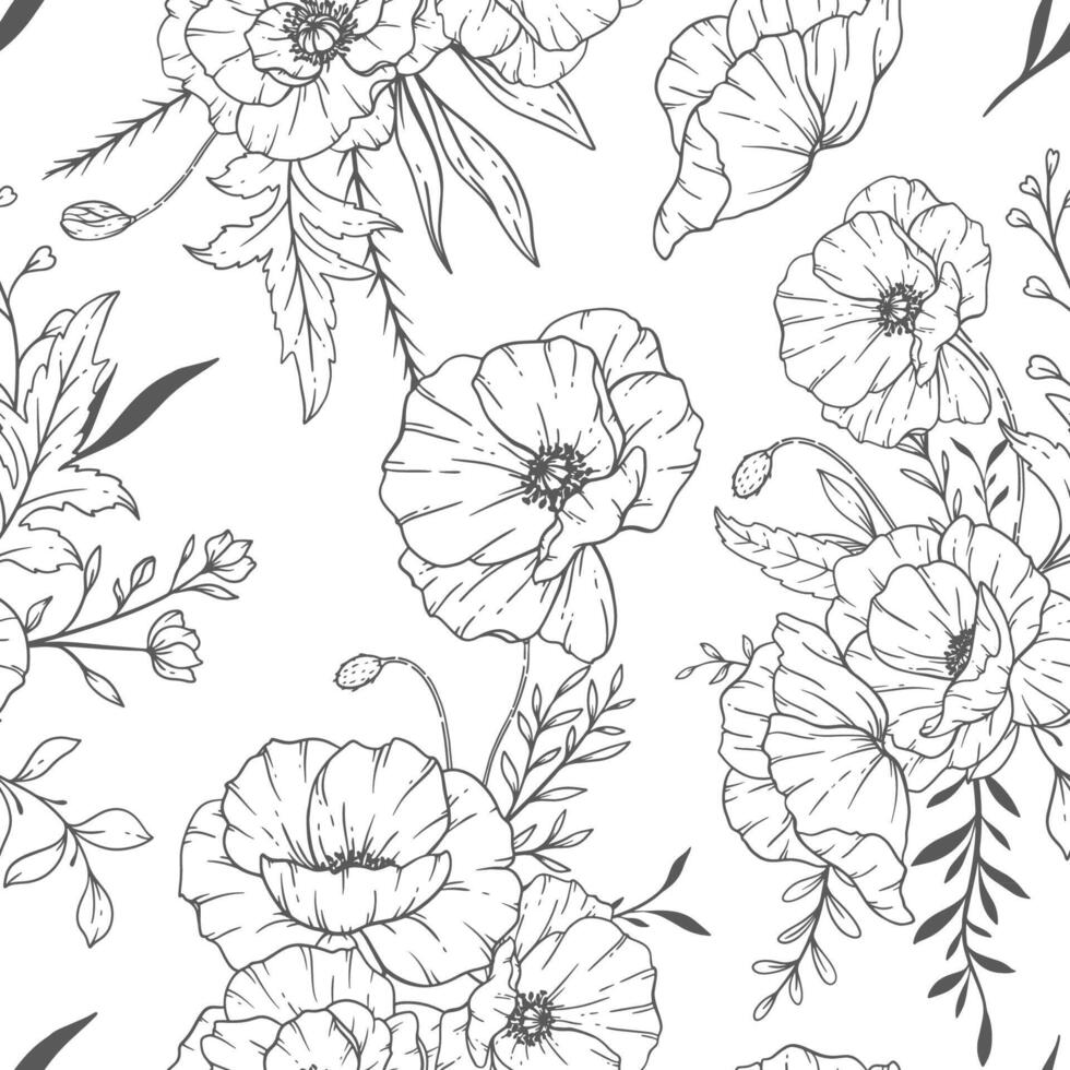 Flowers seamless pattern on white. Poppy background. Eco friendly background. Poppy flowers and greenery hand drawn line art design. Elegant seamless background endless pattern minimalist style vector