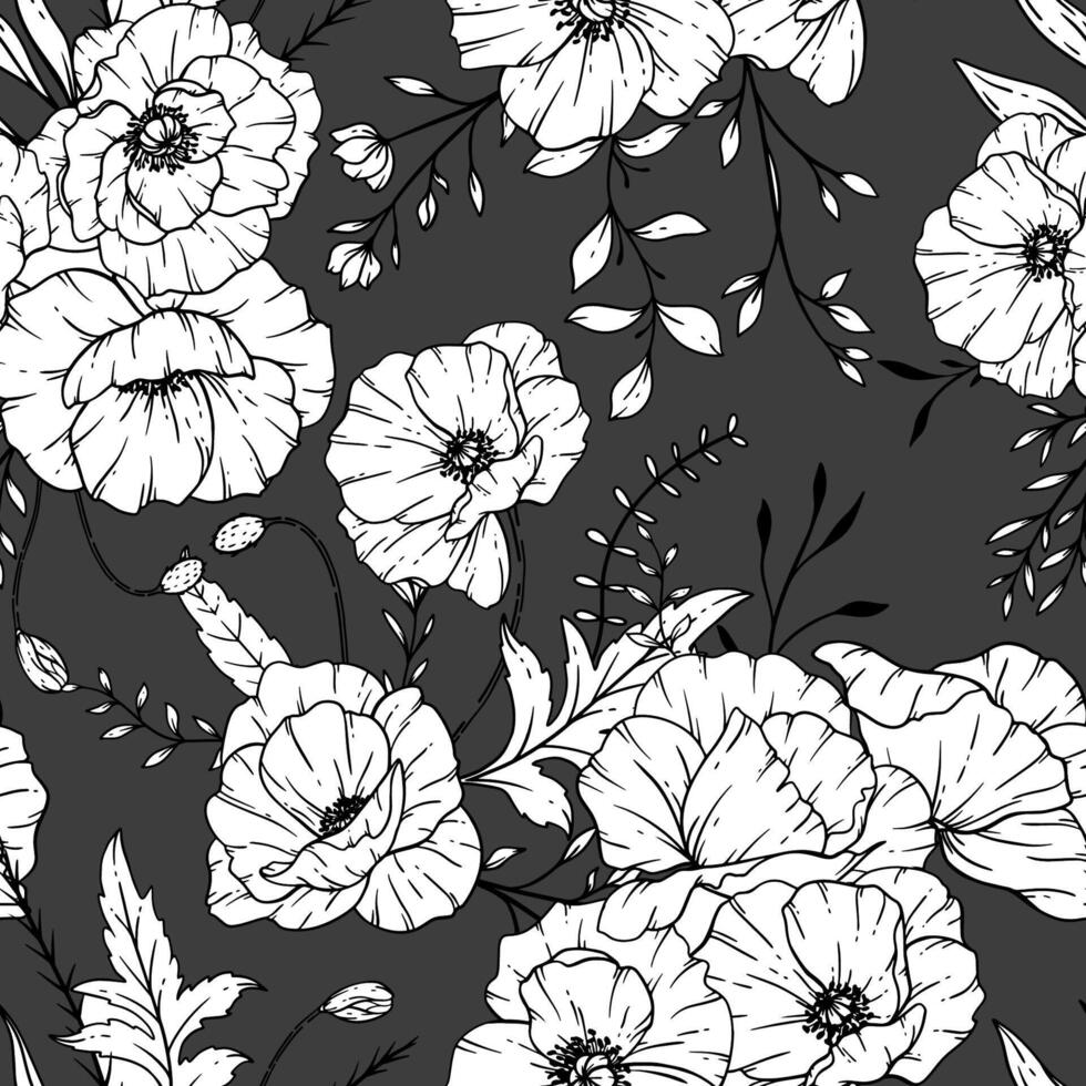 Floral seamless pattern on black. Poppy background. Eco friendly background. Poppy flowers and greenery hand drawn line art design. Elegant seamless background endless pattern minimalist style vector