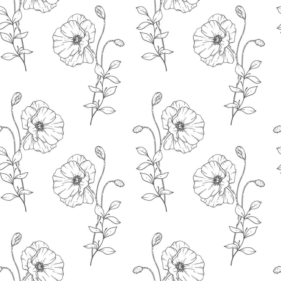 Floral seamless pattern on white. Poppy background. Eco friendly background. Poppy flowers and greenery hand drawn line art design. Elegant seamless background endless pattern minimalist style vector