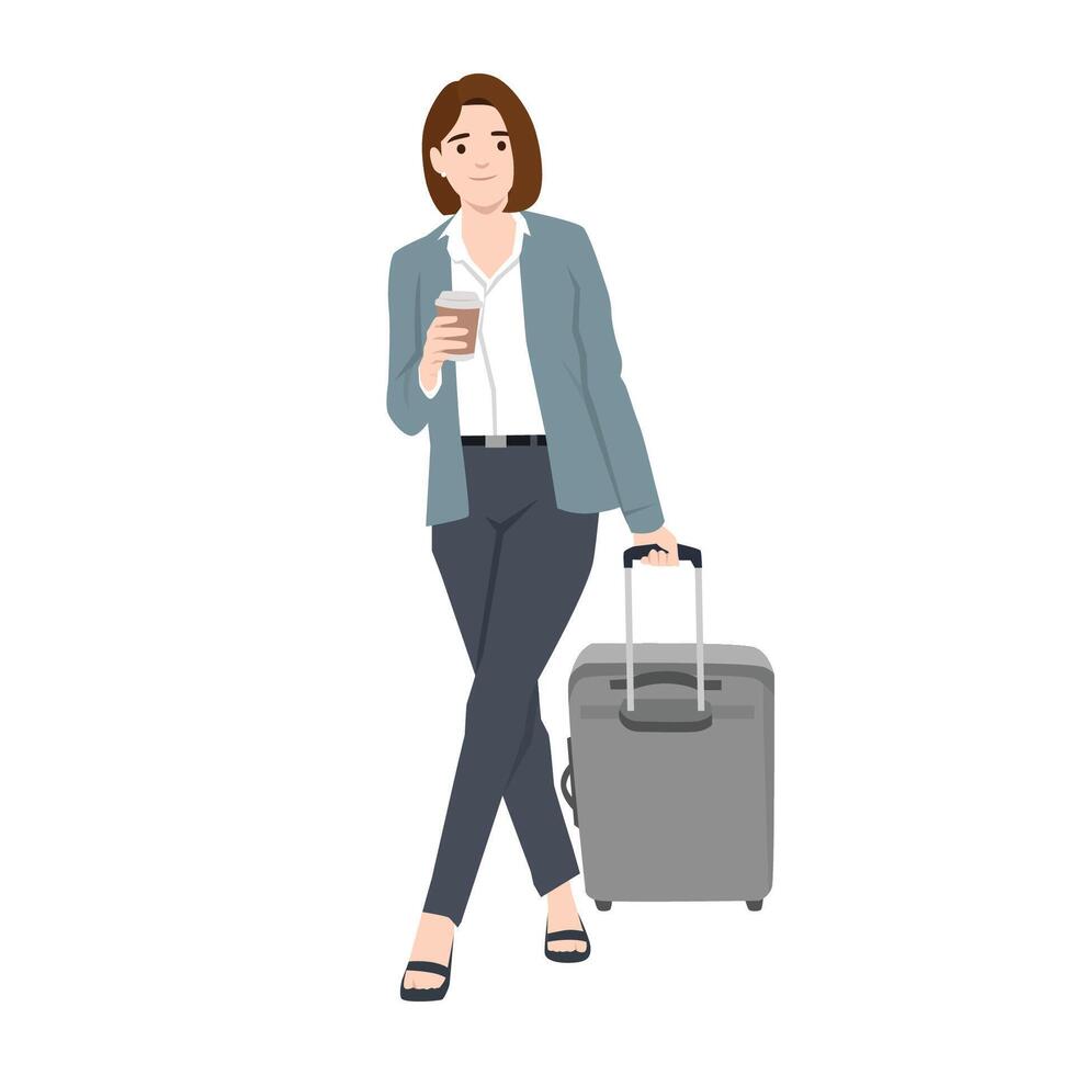 Businesswoman holds a coffee cup while pulling her suitcase, ready for a business trip. vector