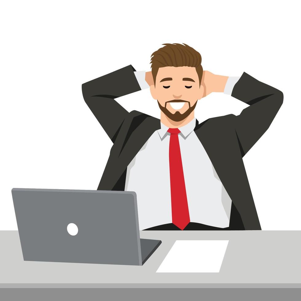 Confident businessman leans back, Relaxation at his desk with a laptop in front of him. vector