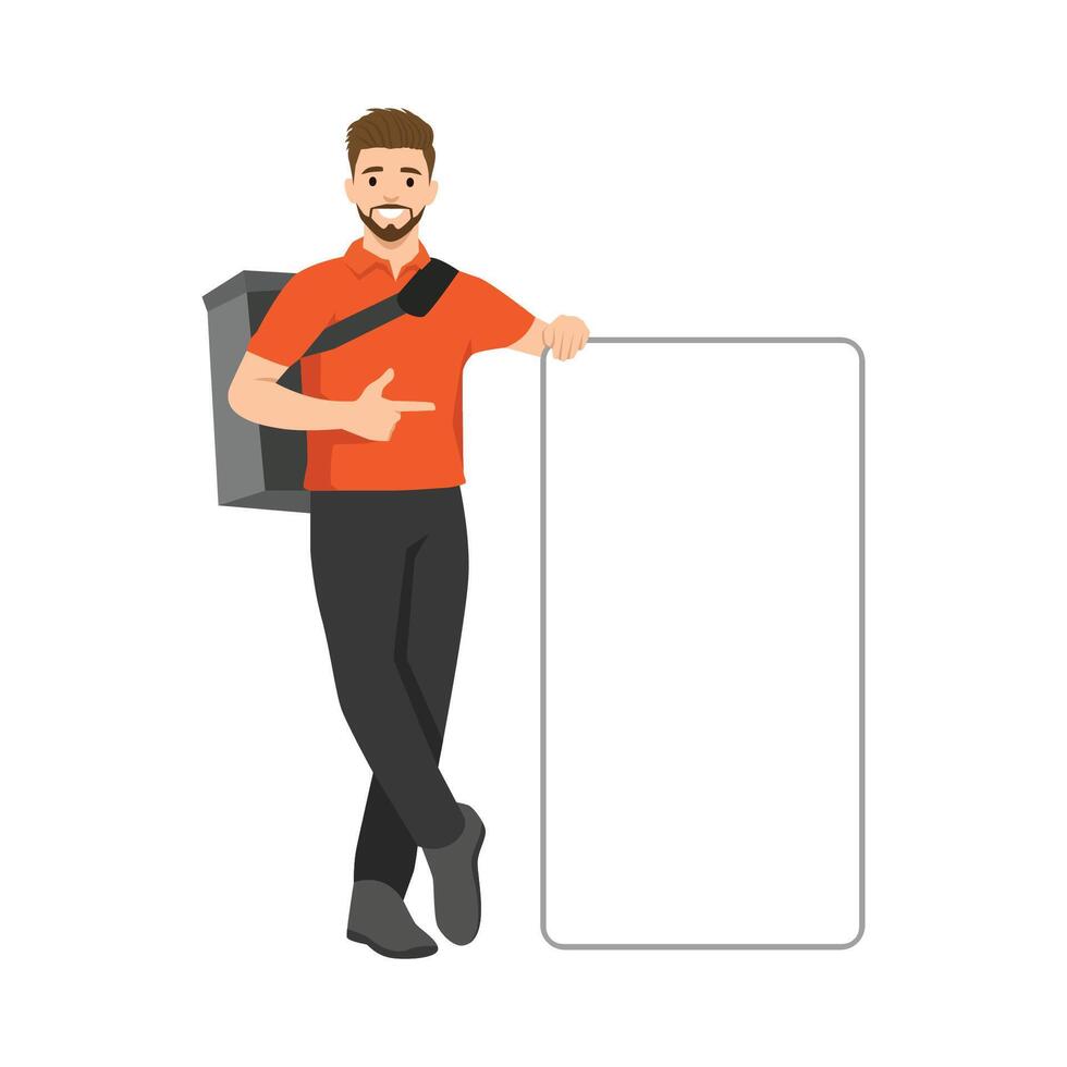Delivery worker wearing a red uniform and carrying a backpack leans against a blank signboard. vector