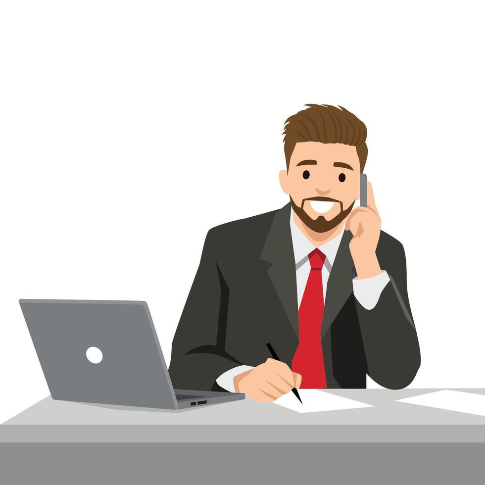Businessman in a suit and red tie is multitasking at his desk, talking on the phone while taking notes. vector