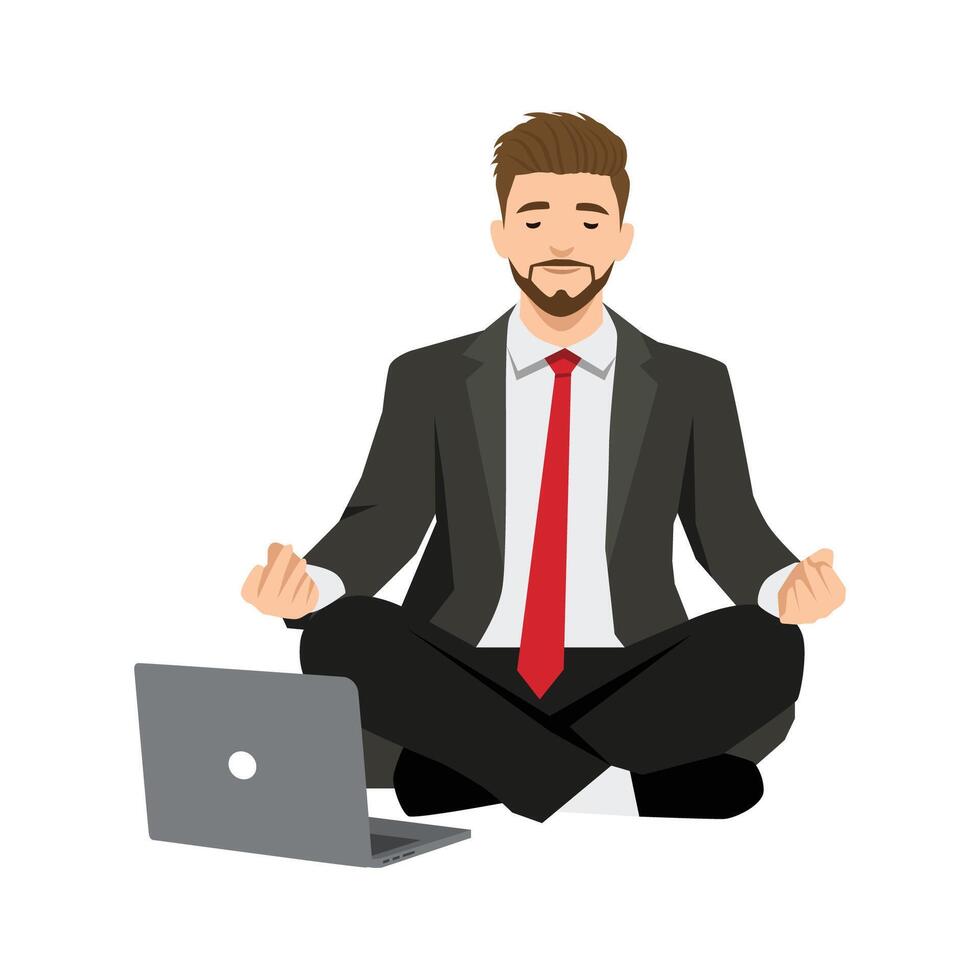 Businessman Meditating with Laptop finding balance and relaxation while working on his laptop. vector