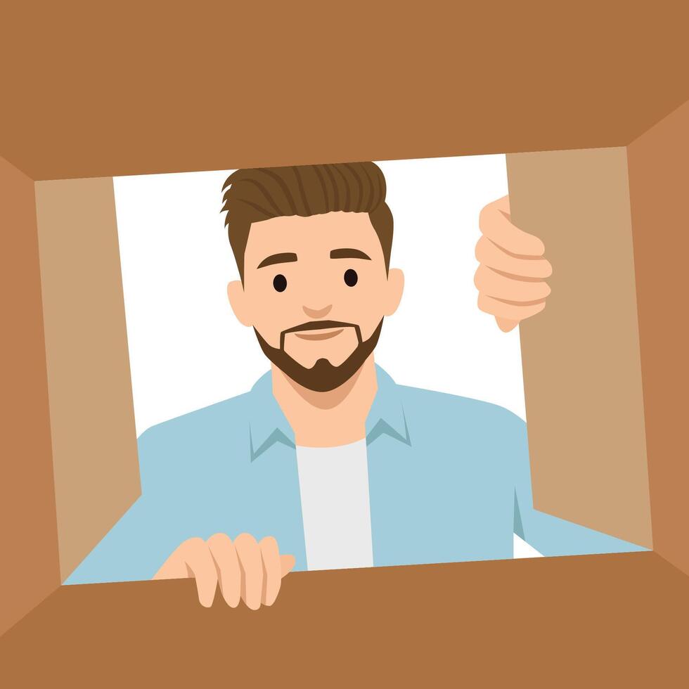 Man Opening a Package is looking inside a cardboard box, appearing curious and engaged. vector