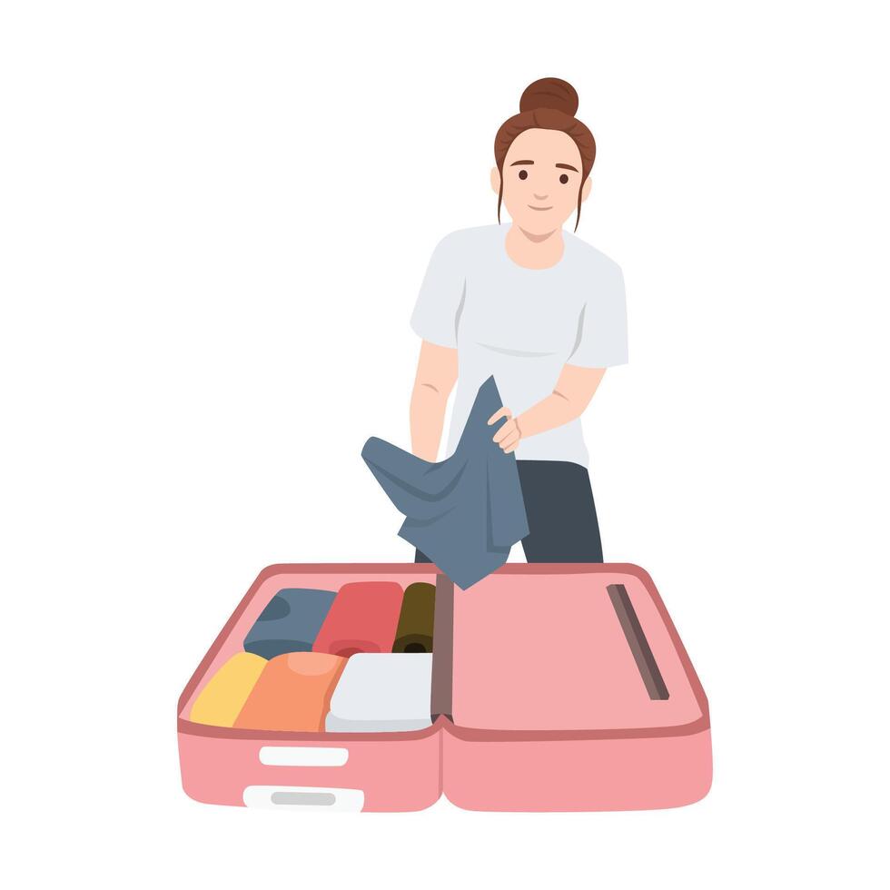 Packing for a Trip. Woman is folding and packing clothes into a neatly arranged pink suitcase. vector