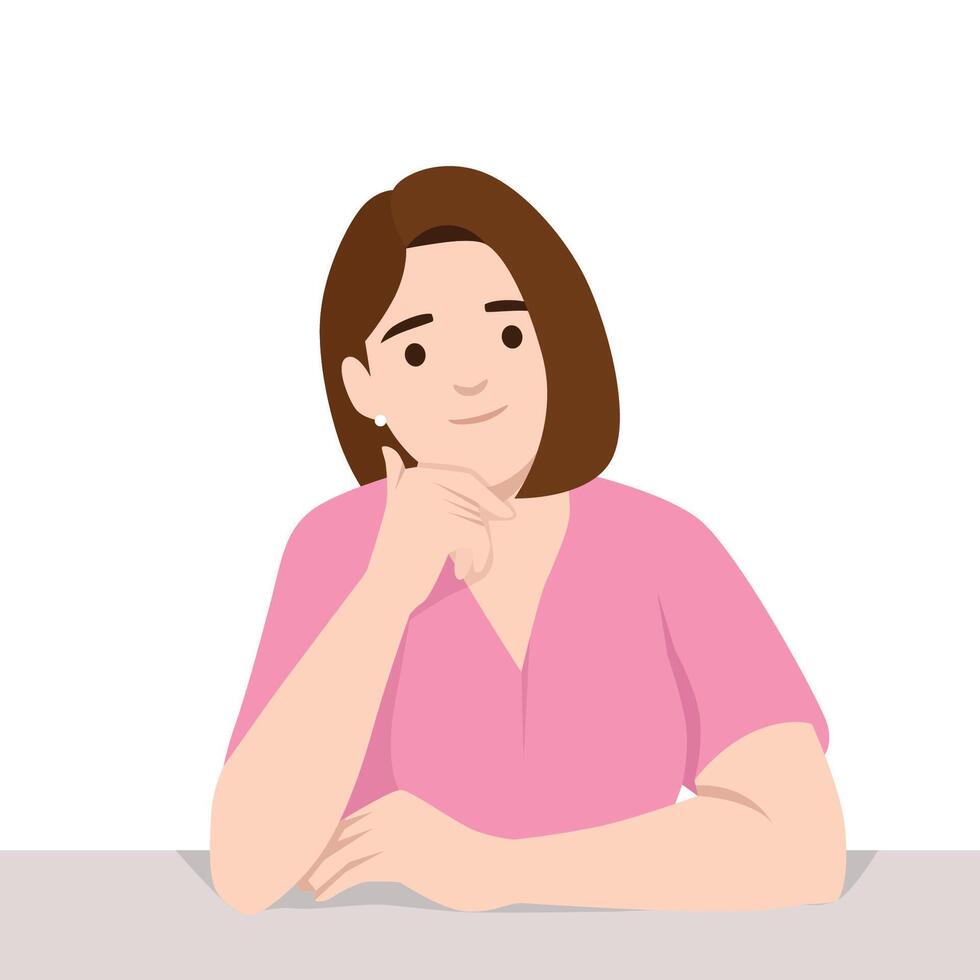 Thoughtful Woman is resting her chin on her hand, appearing to be in deep thought or contemplation. vector