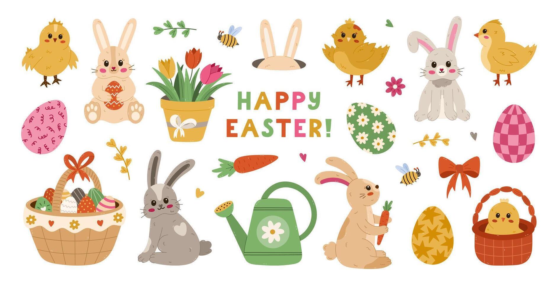 Big cartoon Happy Easter set with different fluffy bunny, cute baby chick, ornate eggs with lines, check, swirl, stars, tulips. Religious springtime carnival clipart collection isolated on white. vector