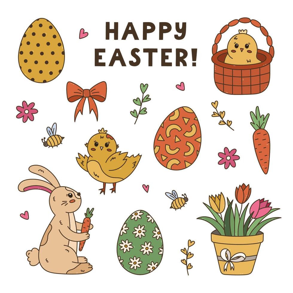 Lovely colourful doodle Easter set with bunny with carrot in paws, chick waving wings, ornate eggs with wavy stripes, polka dot, tulips, basket with baby chicken. Happy Easter egg hunt collection. vector