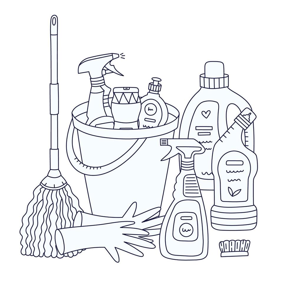 Childish line doodle housekeeping and cleansing concept illustration. Bucket with spray bottle, detergent gel in it, mop, rubber gloves, brush. Funny clipart composition for banner, postcard, design. vector
